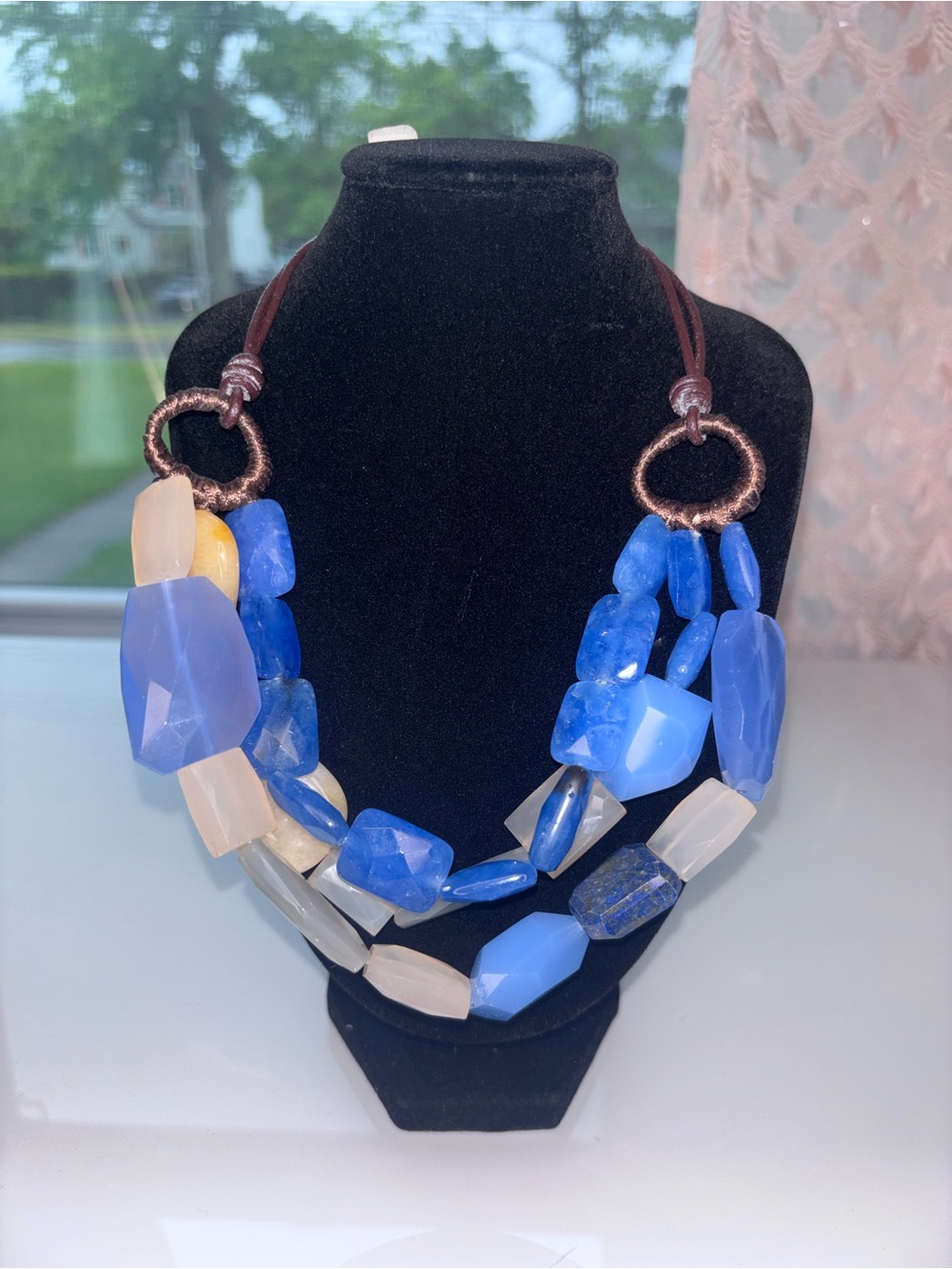 Lee Angel Blue Statement Necklace Multi Strand Designer Adjustable